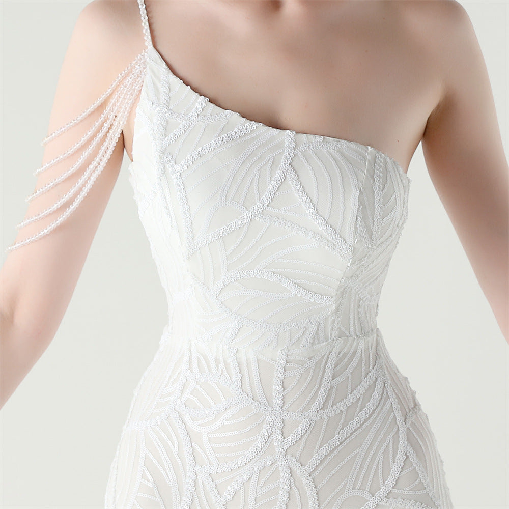 Women One Shoulder Beaded Sequin Embroidery Formal Party Prom Wedding Evening Dress 56