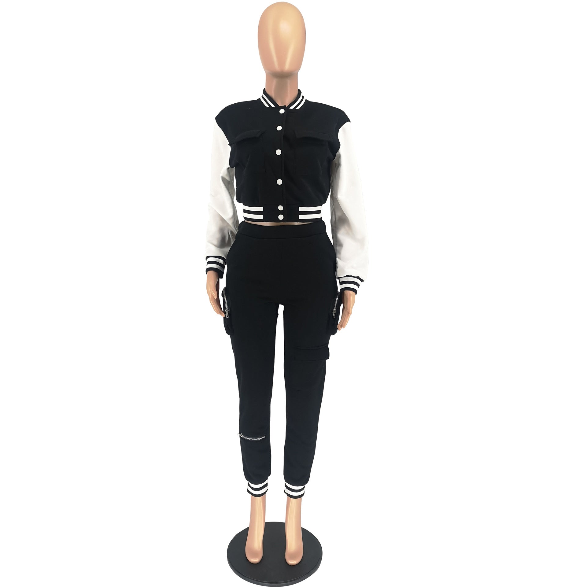 Women's Fall/Winter Casual Cargo Style Color Block Baseball Jacket Sweatpants Sports Two Piece Set 15