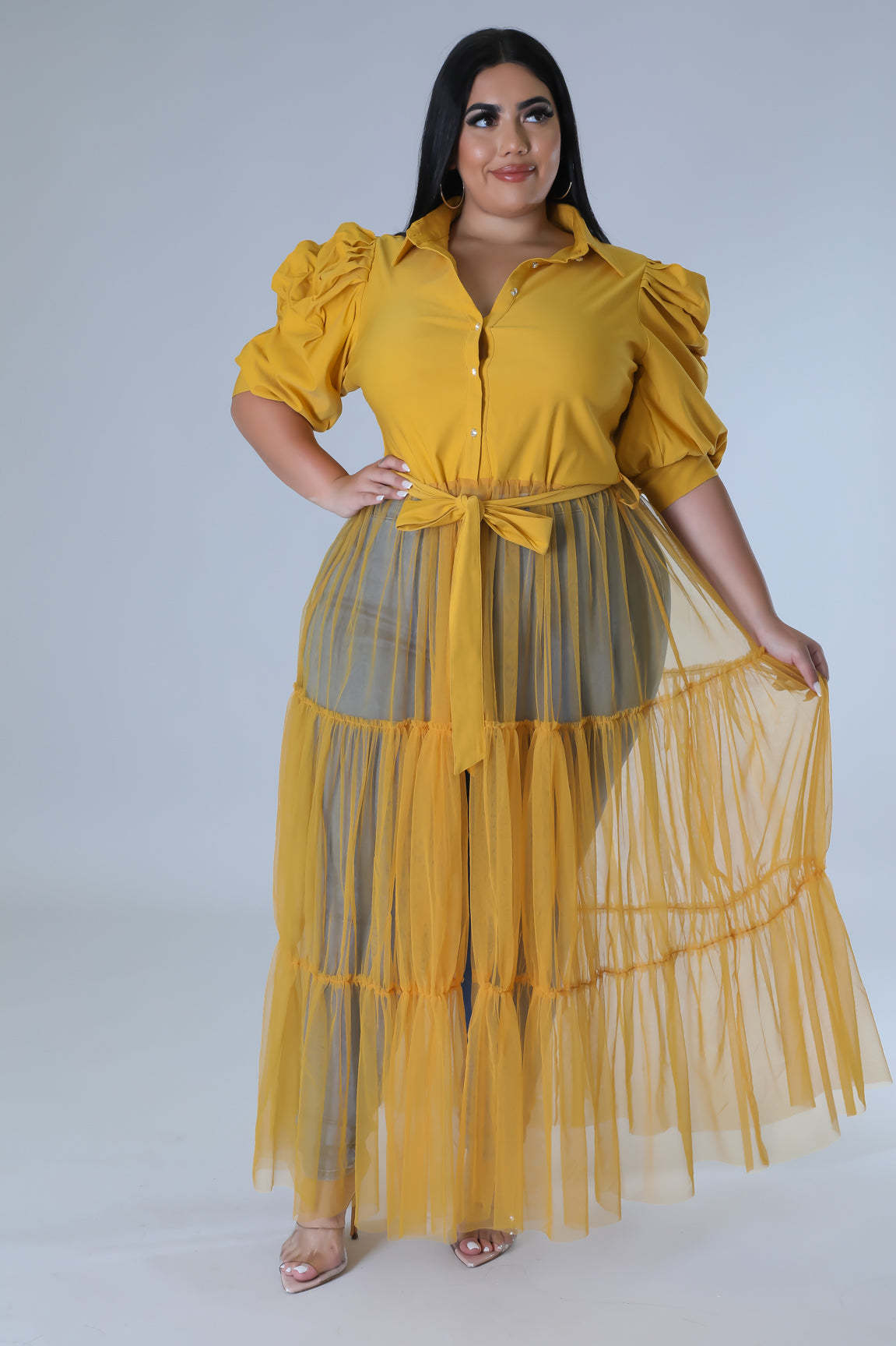 Plus Size Women Chiffon Puff Sleeve Mesh Patchwork Ruched Dress 4