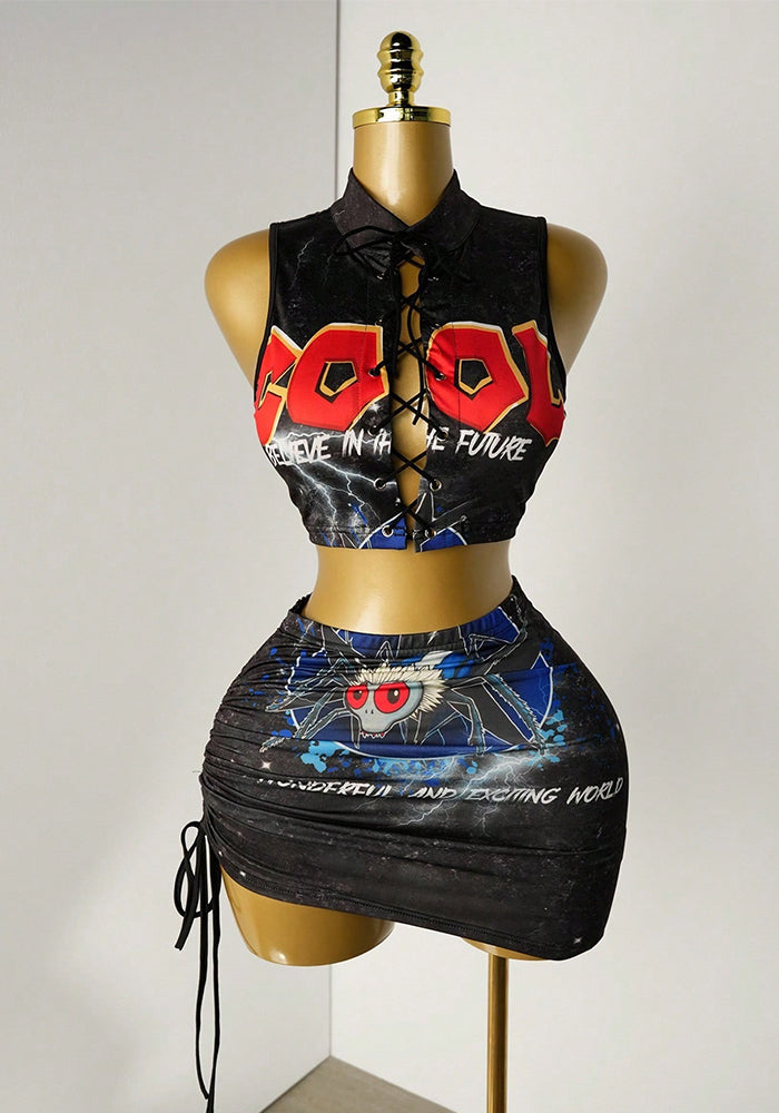 Women's Summer Halter Neck Lace-Up Printed Shorts Set