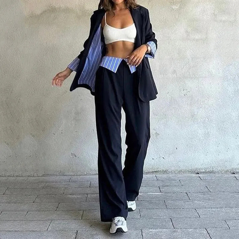 Autumn Fashion Turndown Collar Striped Coat Pants Chic Suit