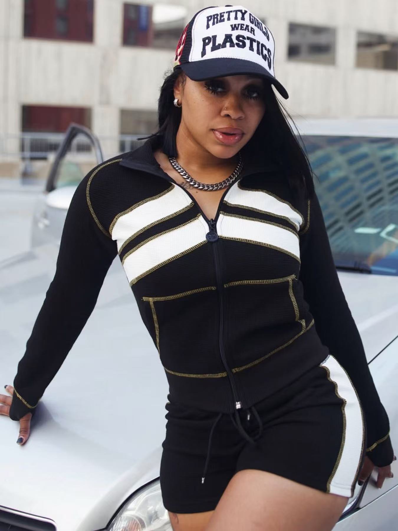 Women Waffle Color-Contrast Patchwork Top and Drawstring Shorts Two-Piece Set 5