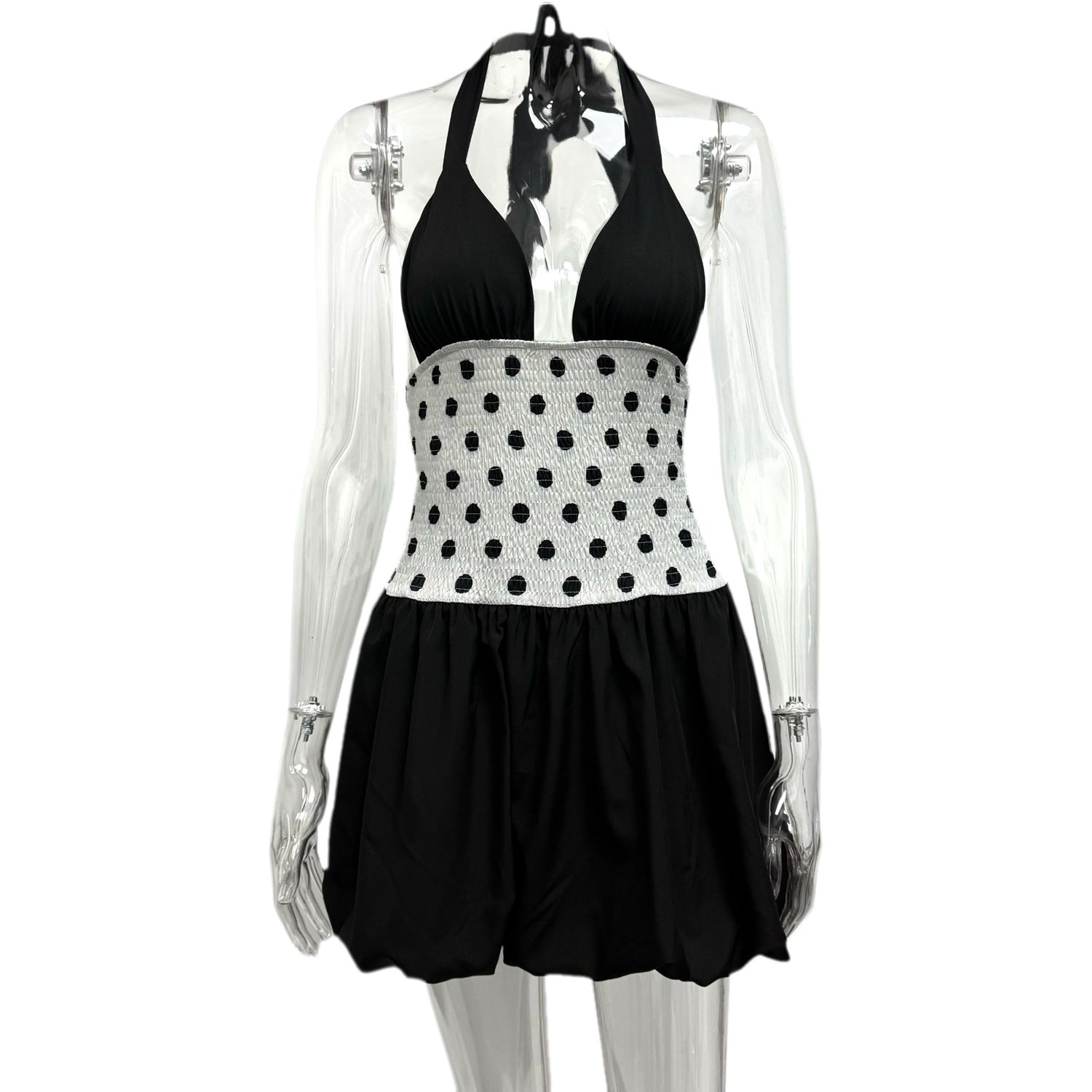 Women Summer Polka Dot Halter Neck Backless Strap Dress 8
