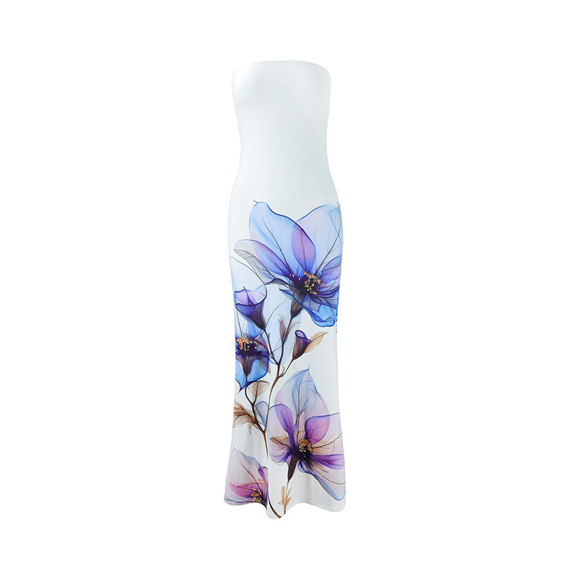 Summer Chic Sexy Strapless Floral Printed Slim Long Holiday Dress 19