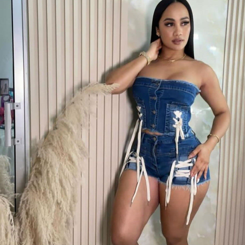 Women's Lace-Up Strapless Top & High-Waist Shorts Denim Set 4