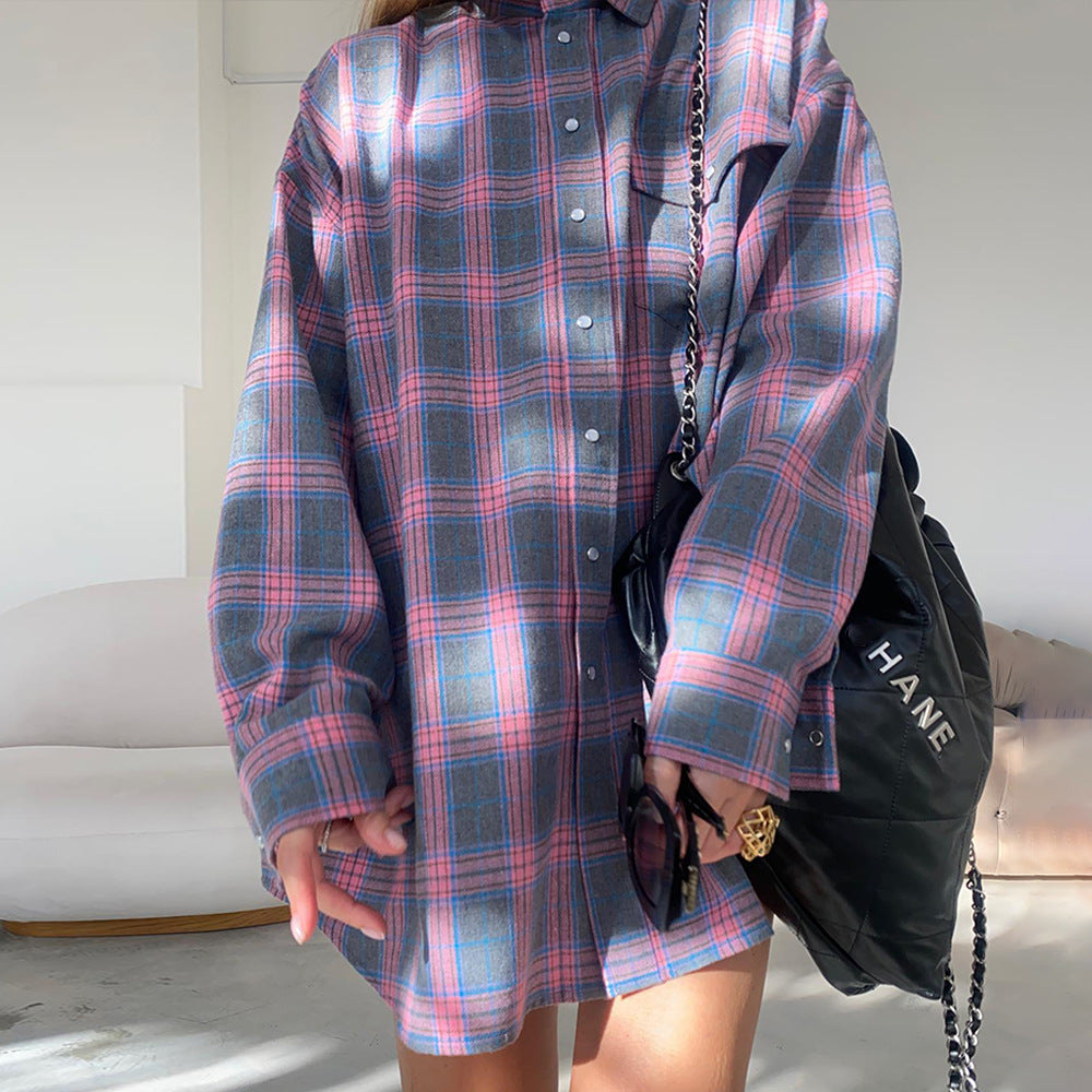 Autumn retro style Turndown Collar loose shirt plaid long-sleeved women's blouse
