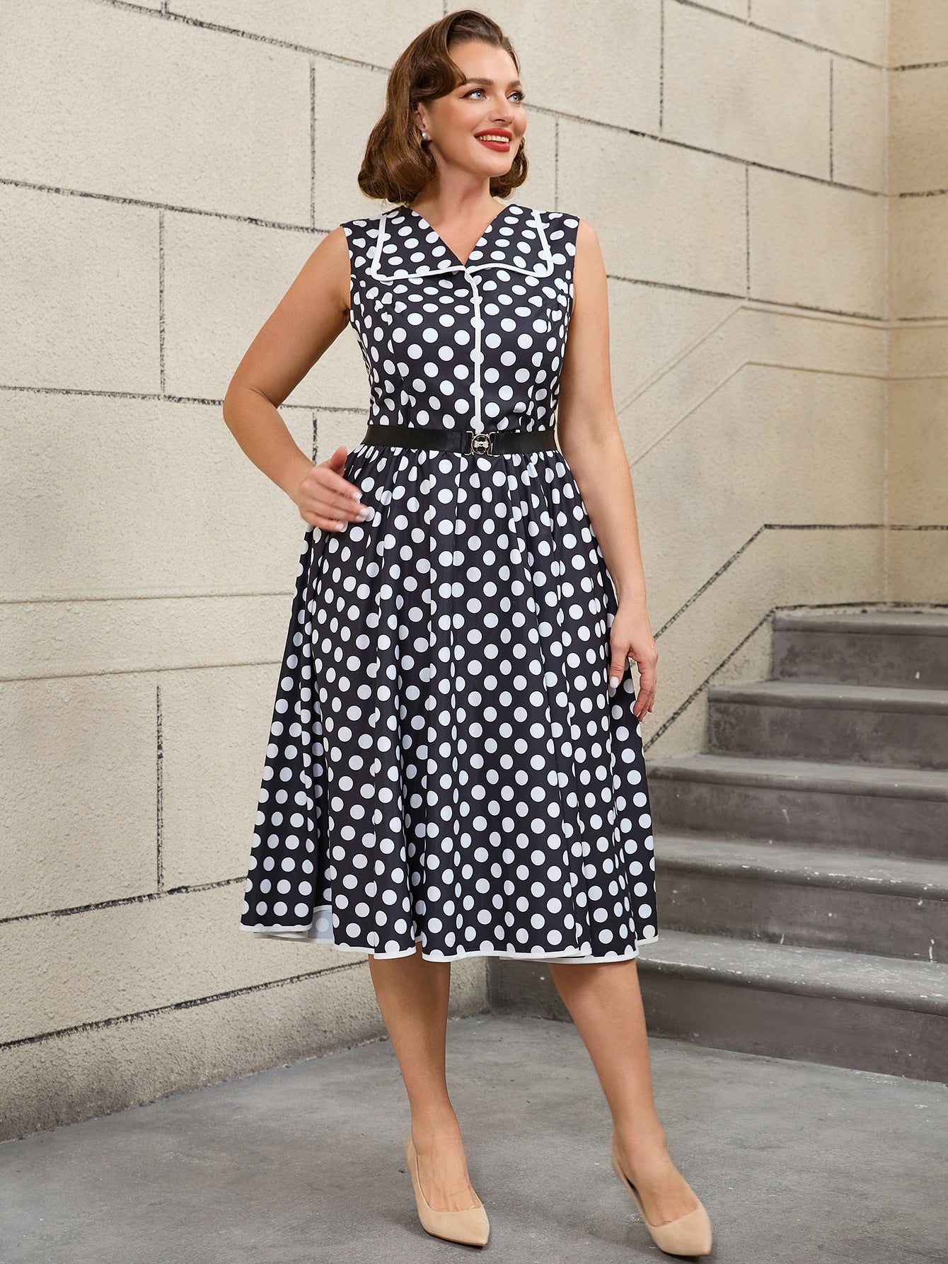 Plus Size Women Turndown Collar Black Polka Dot Belt Sleeveless Dress 6