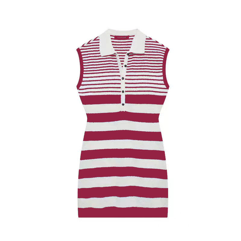 Women's Chic Fashion Striped Turndown Collar Sleeveless Slim Knit Dress 10