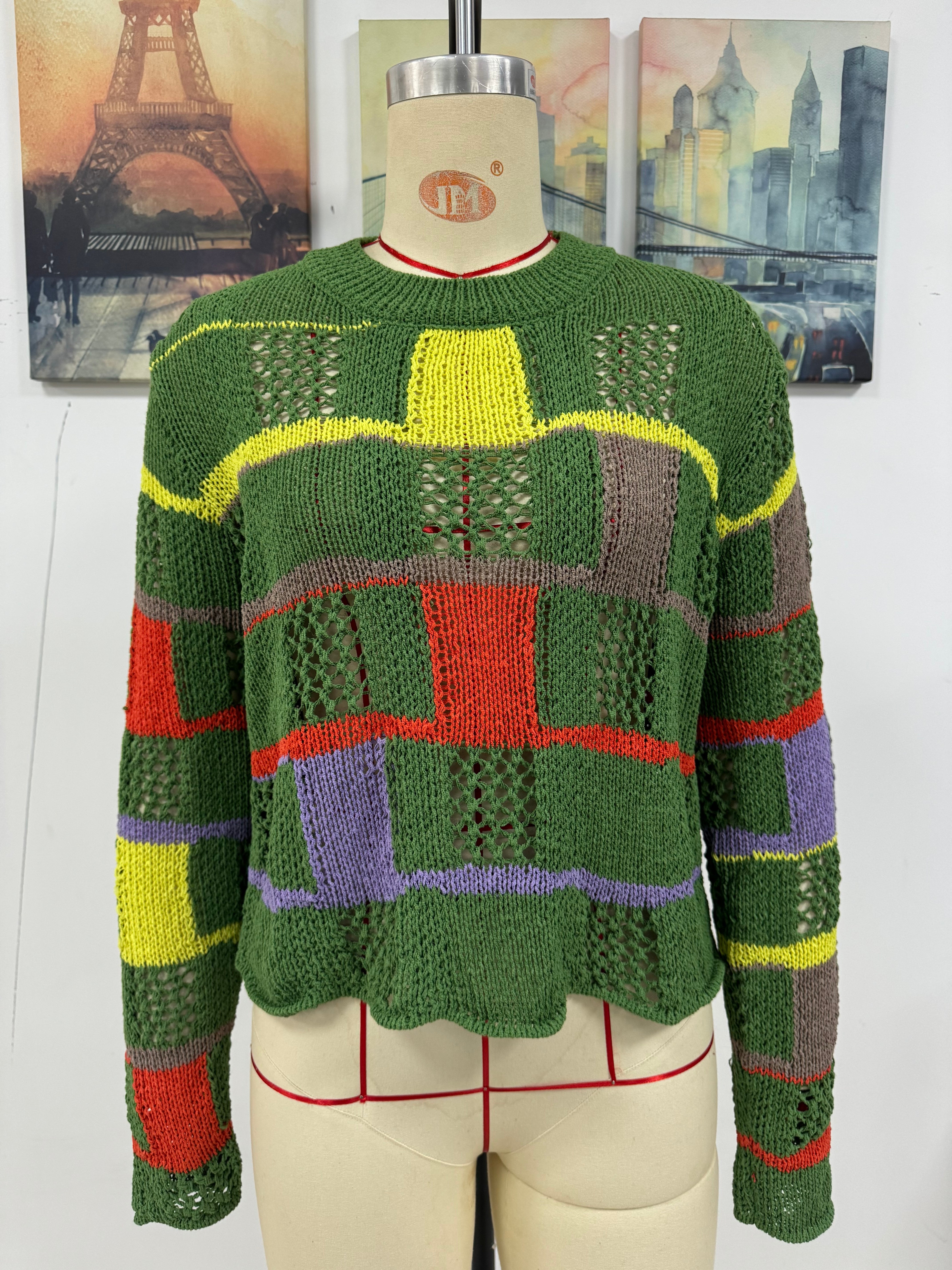 Plus Size Women Round Neck Color Block Knitting Loose Long Sleeve Sweater 8