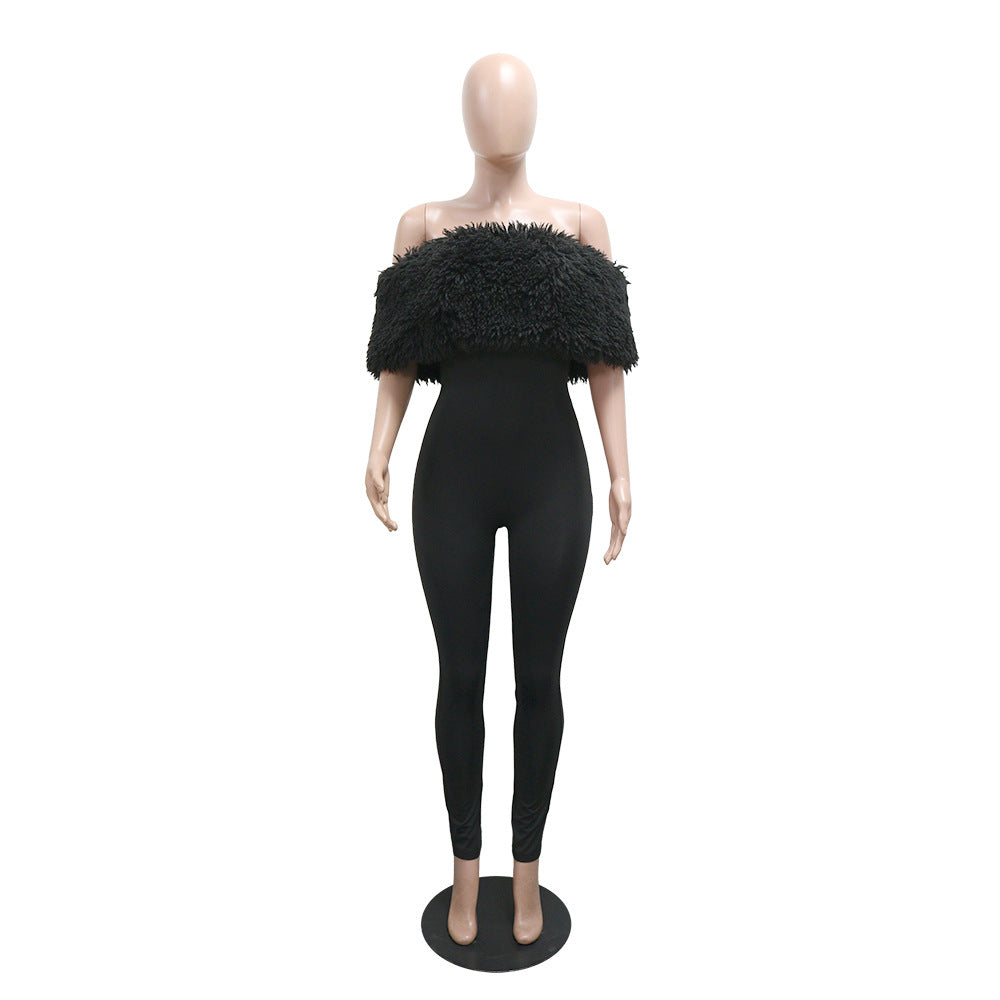 Off Shoulder Furry Patchwork Slim-Fit Jumpsuit 7