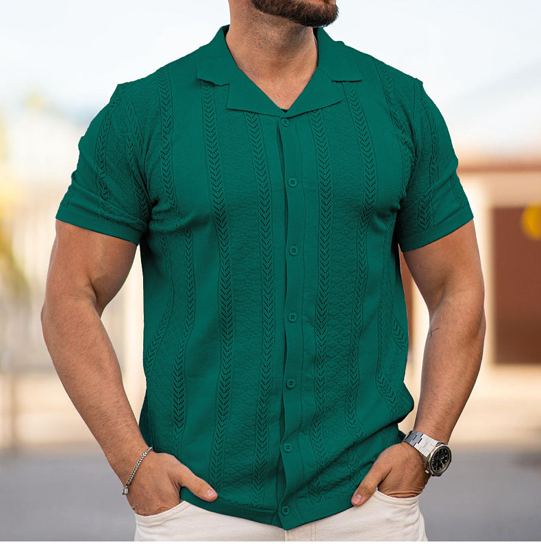 Men's Summer Short Sleeve Striped Hollow Casual Polo Top 3