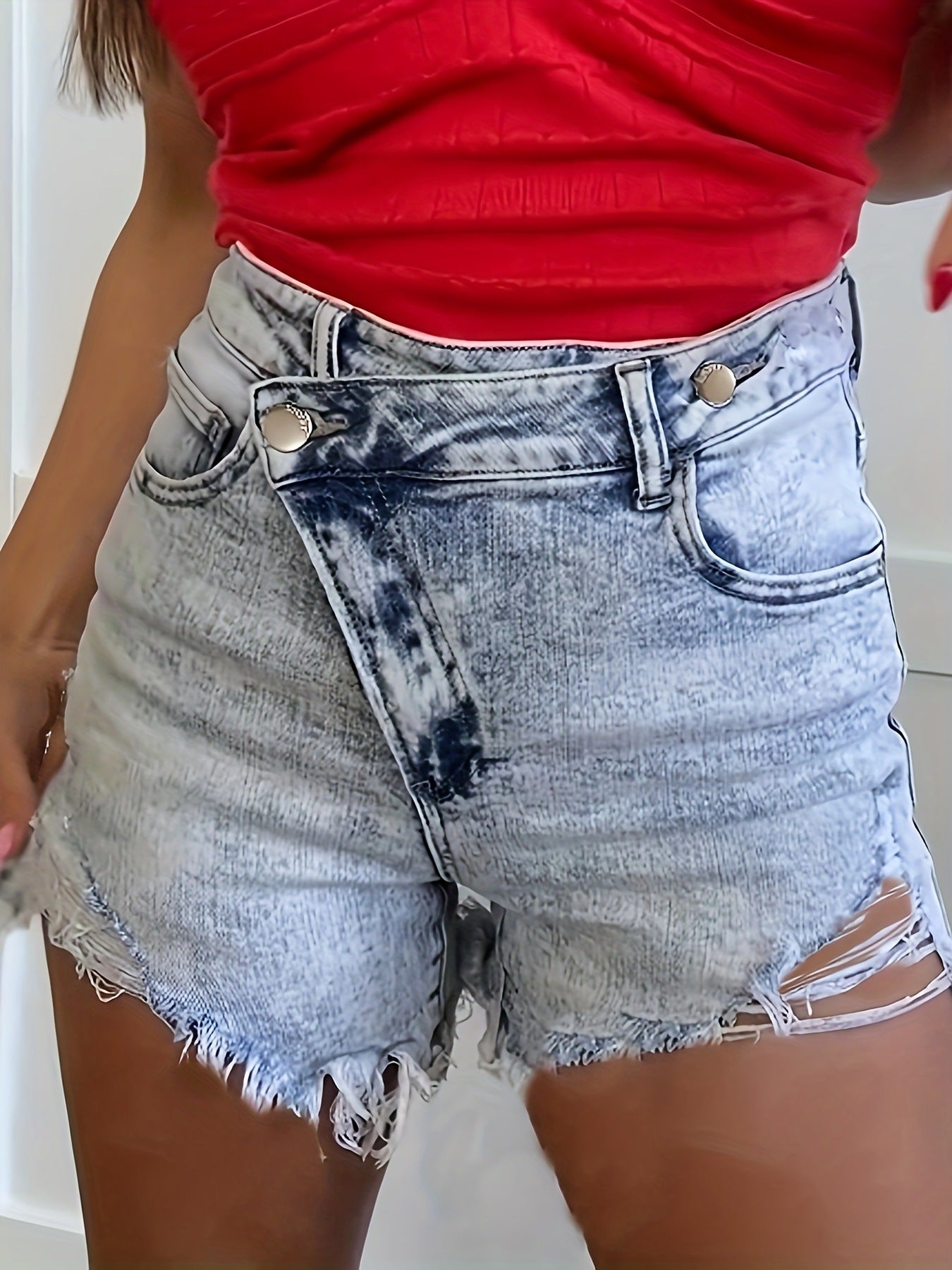 Women asymmetric stretch light blue button ripped denim shorts