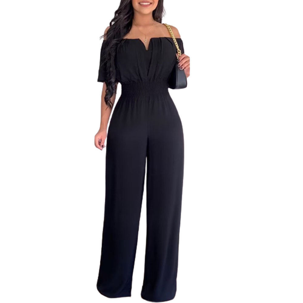 Women Off Shoulder V Neck Loose Straight Jumpsuit 12