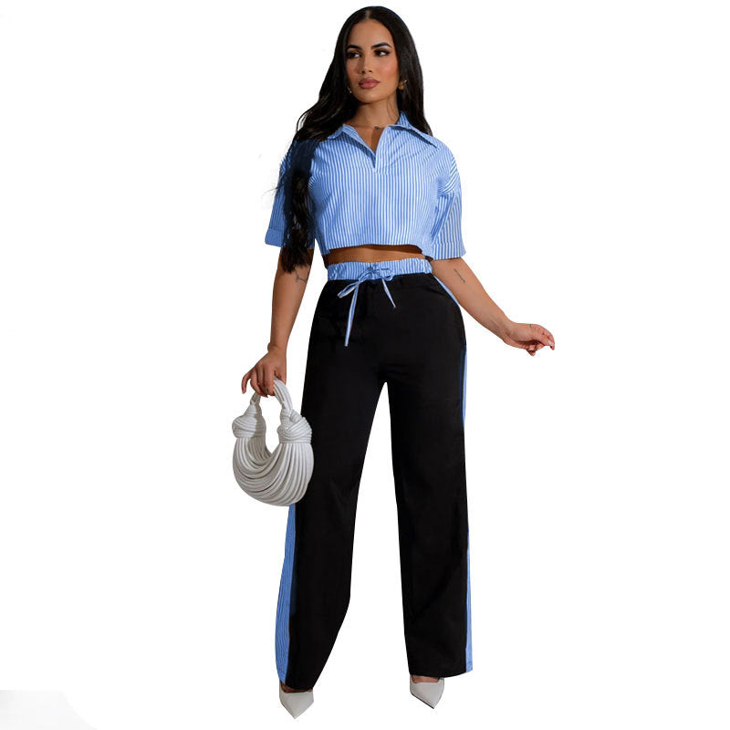 Women's Fashion Casual Summer Striped Shirt Top Loose Straight Pants Two Piece Set 5