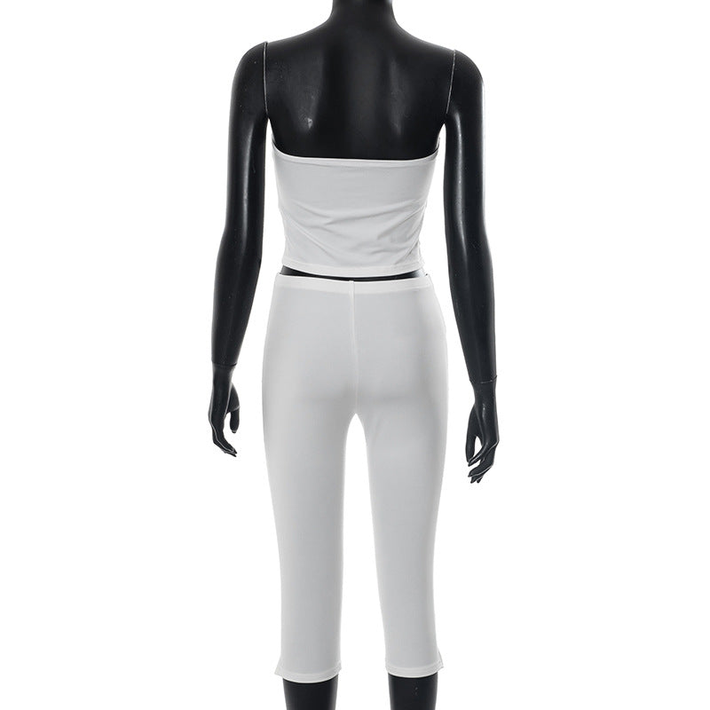 Women's spring and summer solid color Strapless Crop Top elastic waist seven-quarter split pants set 10