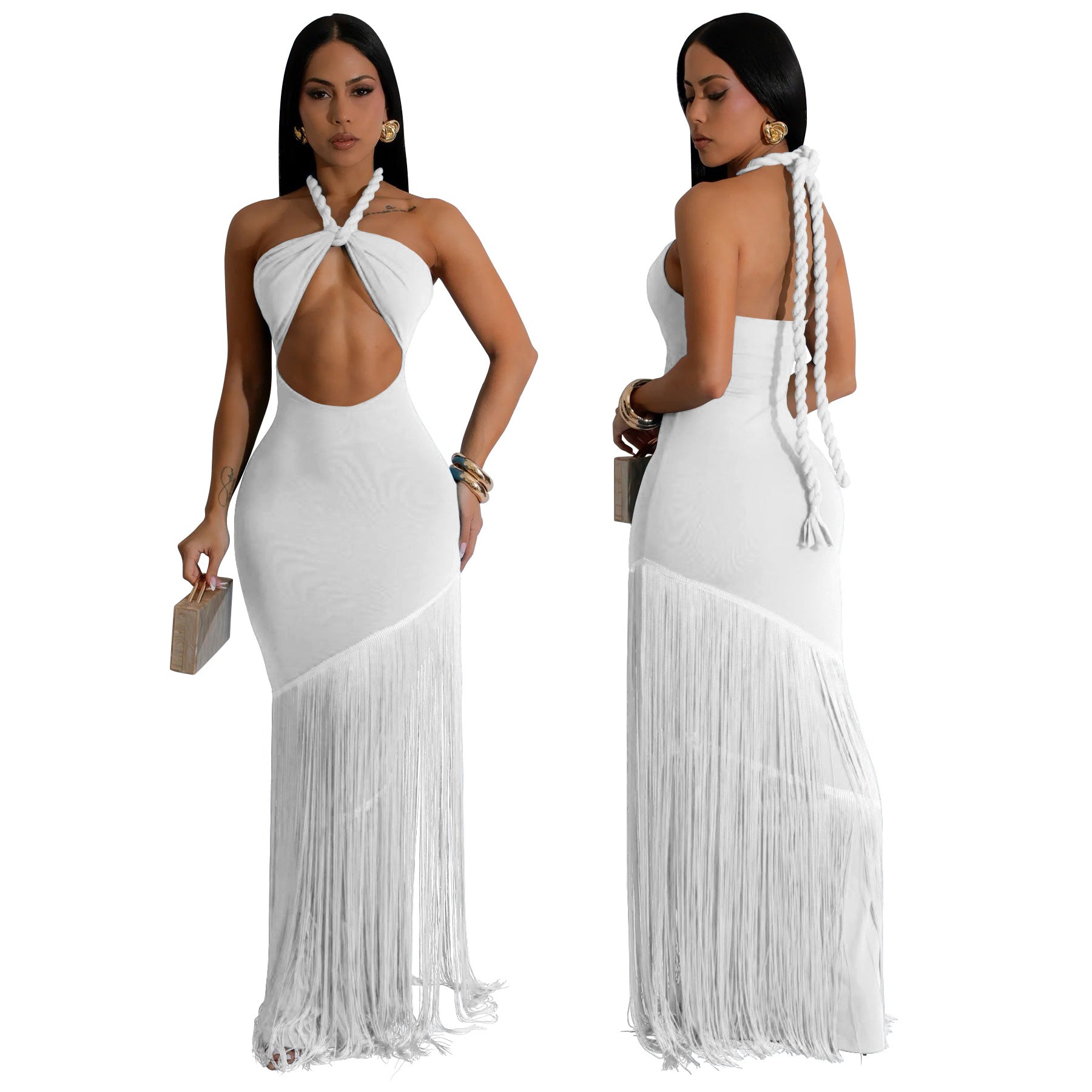 Women's Summer Tassel Patchwork Halter Strapless Bodycon Dress 3