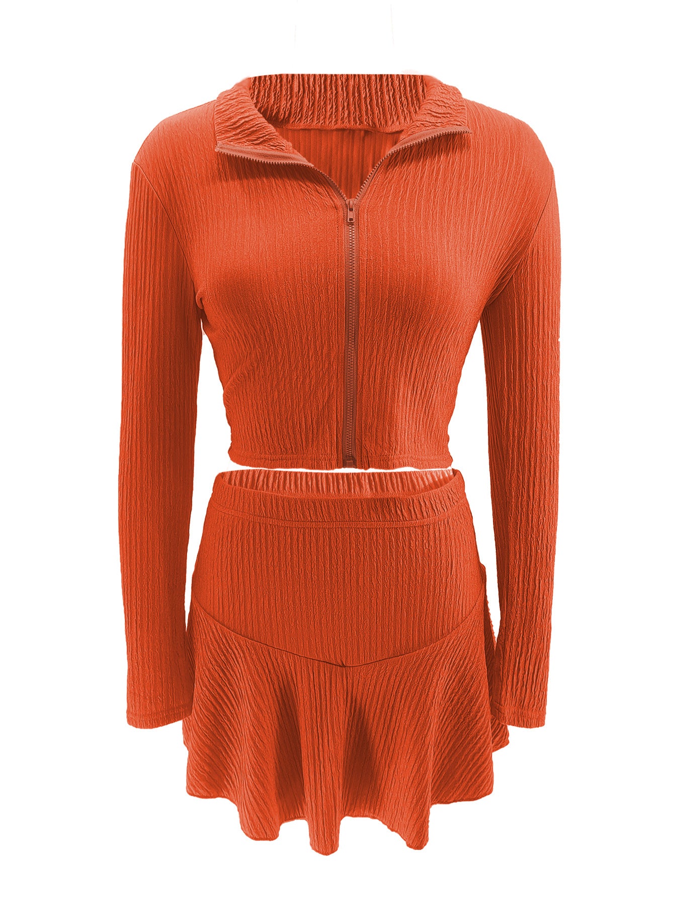 Women Solid Zippered Cropped Top Two-piece set with ruffled skirt 27