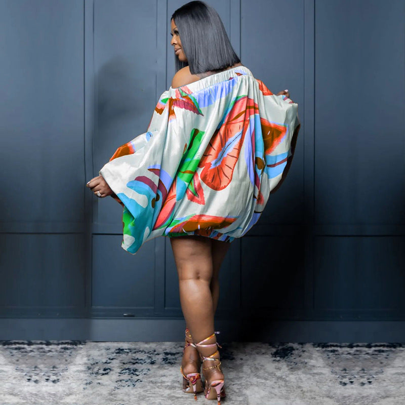 plus size off shoulder printed bat long sleeve loose dress 35