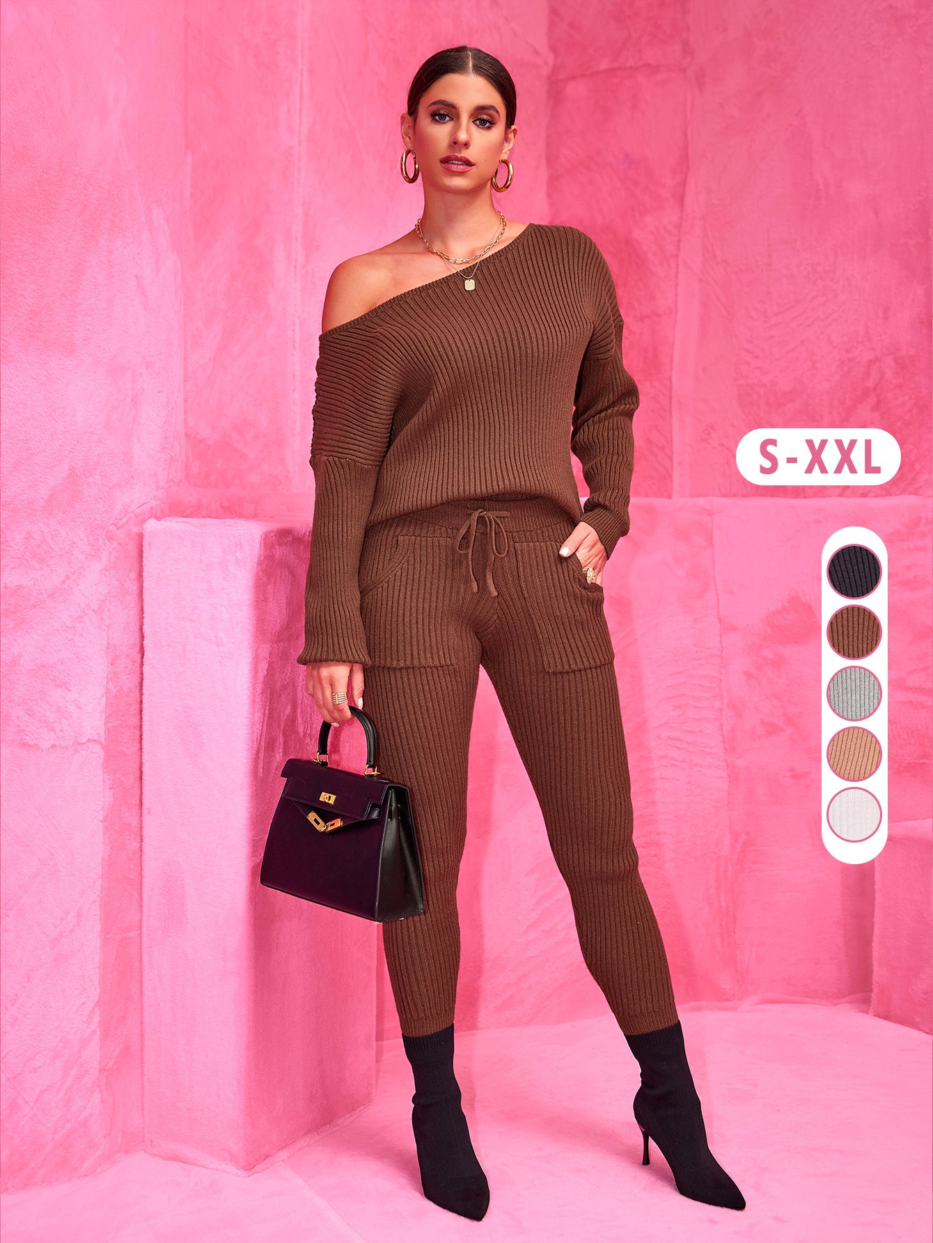 Autumn Winter Round Neck Long Sleeve Sweater Woolen Trousers Two Piece Set 3