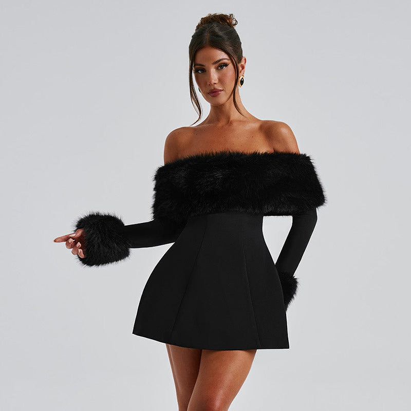 Women Fall Winter Off Shoulder fur collar sexy Dress 4