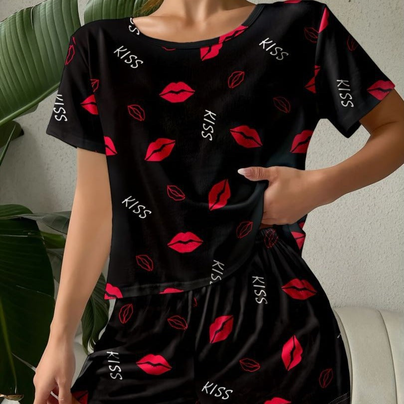 Pajamas Casual Red Lips Printed T-Shirt Shorts Two-Piece Set Comfortable Ladies Home Clothes