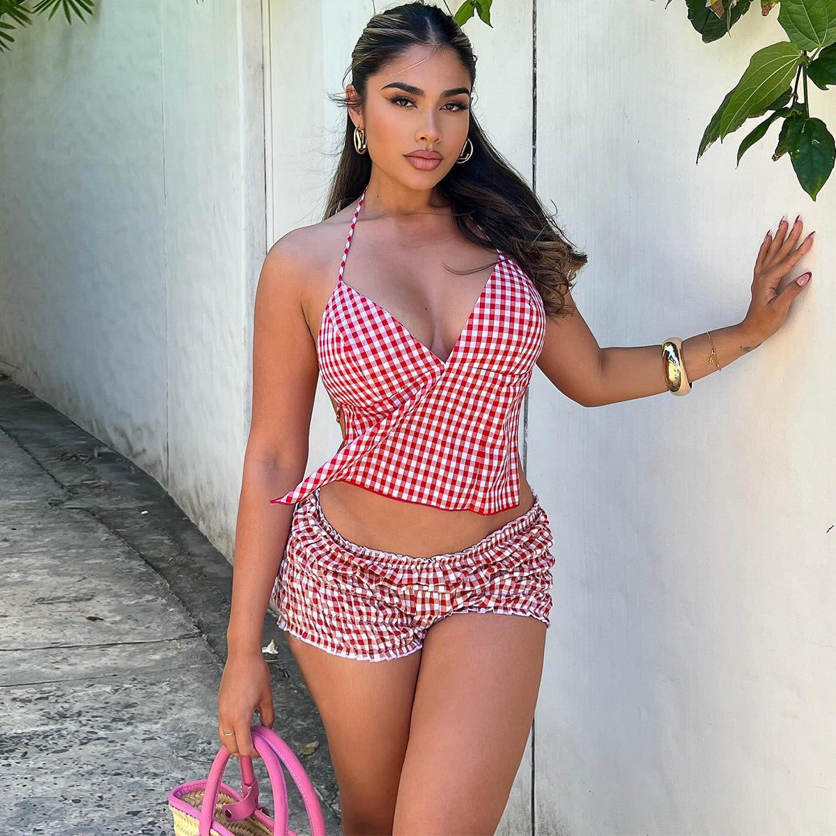 Summer Lace-Up Plaid  Two Piece Shorts Set 5