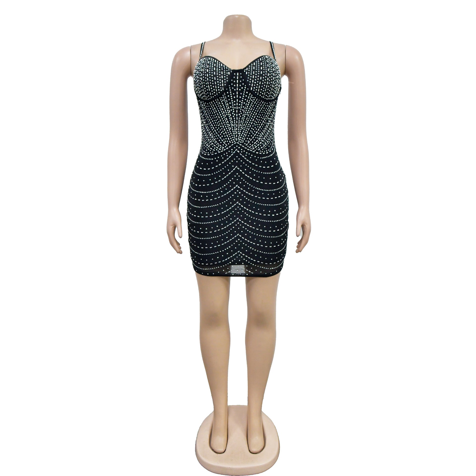 Fashionable Women's Solid Color Mesh Beaded Straps Club Dress 9