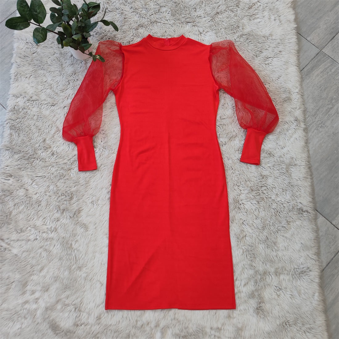 Plus Size Women's See-Through Mesh Balloon Sleeve Bodycon Dress 16