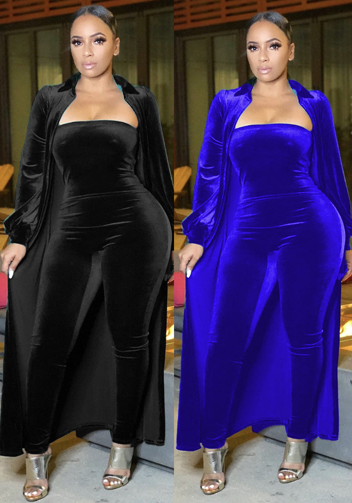 Sexy Velvet Strapless Women Jumpsuit Jacket Two Piece Set