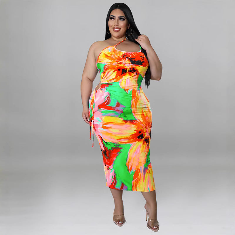 Plus Size Women's Summer Sexy Printed Strap Low Back Slim Dress 5