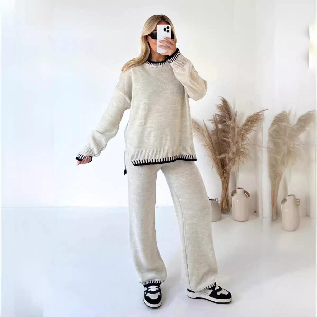 Autumn Winter Fashion Solid Color Sweater Pants Casual Loose Two-Piece Set 8