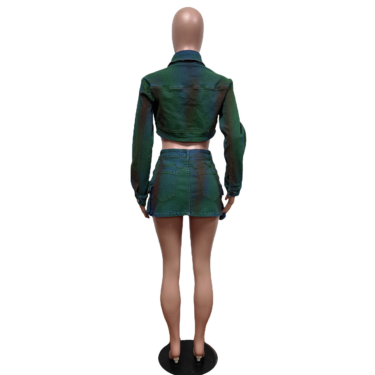 Fashionable Denim Painted Stretch Two Piece Skirt Set 11