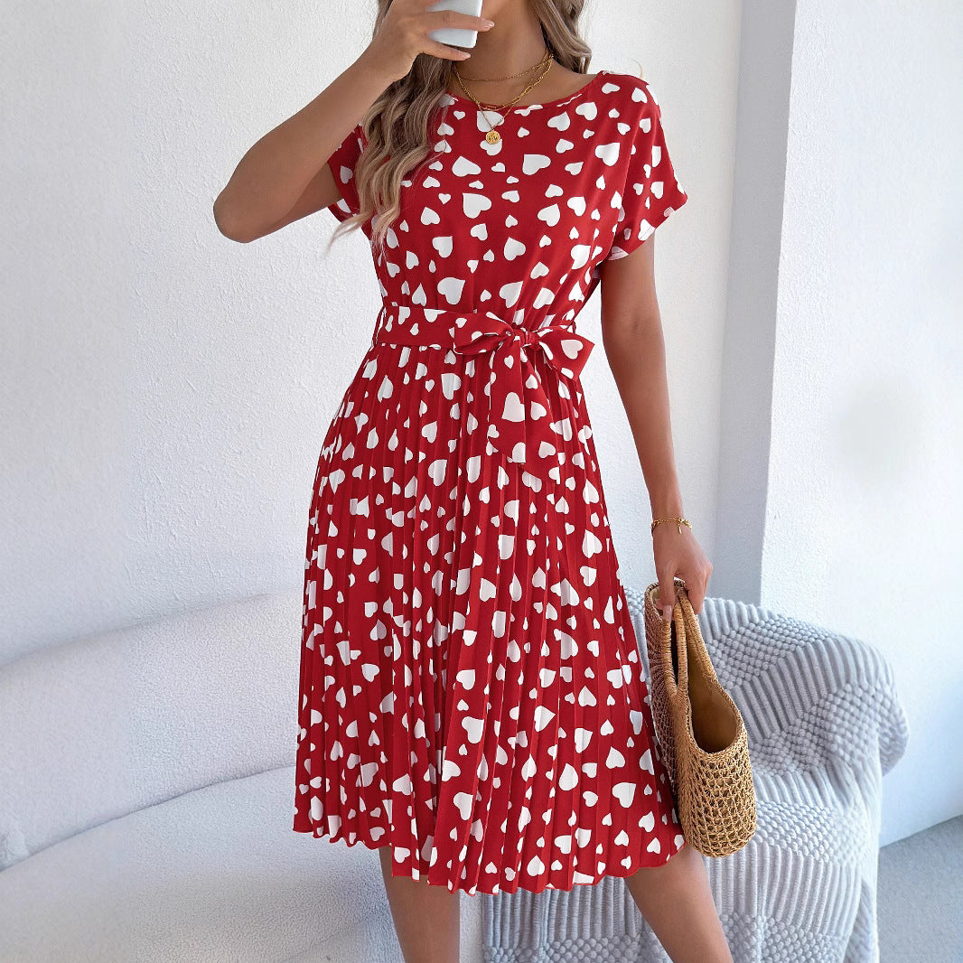 Women Spring and Summer Casual Contrast Heart Print Short Sleeve Pleated Dress 7