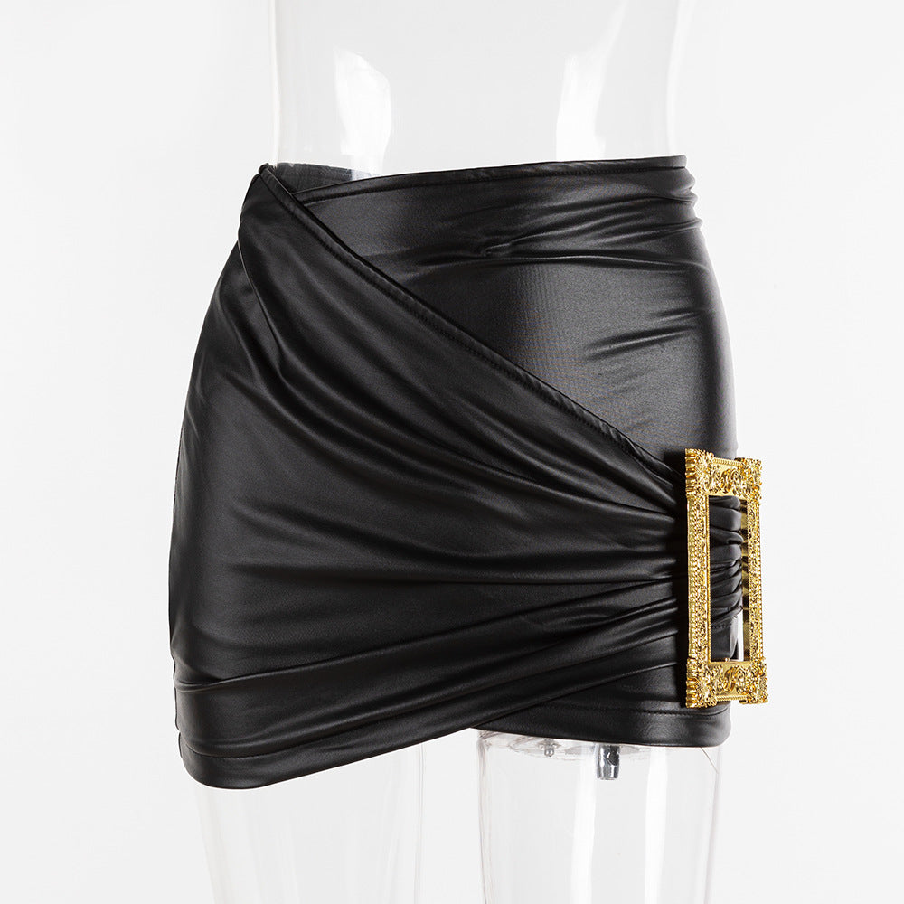 Women sexy irregular gold button pu leather skirt 6