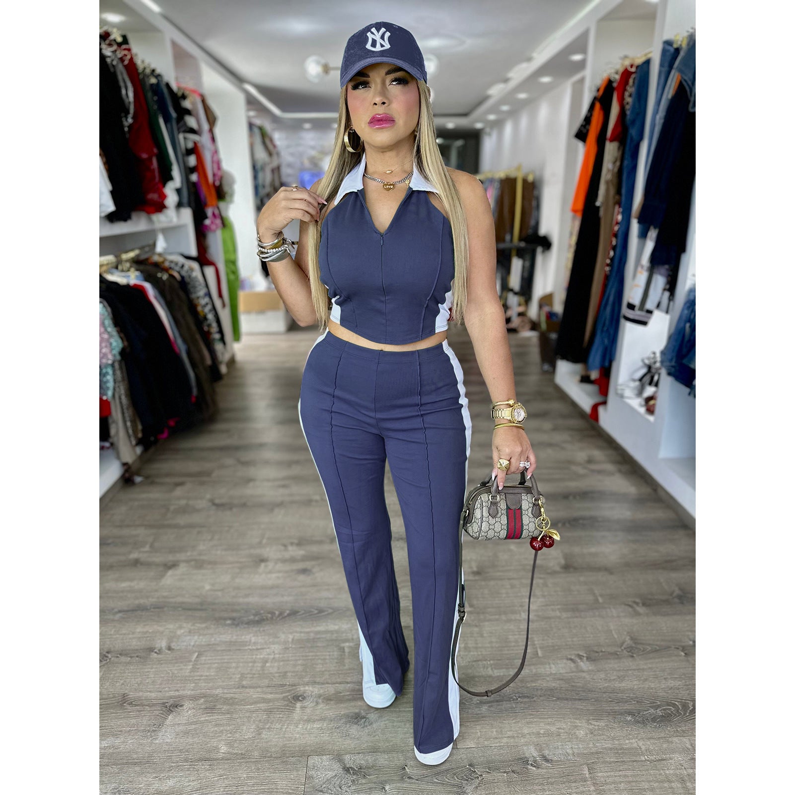 Patchwork Contrast Color V-Neck Zipper Slit Two-Piece Pants Set 5