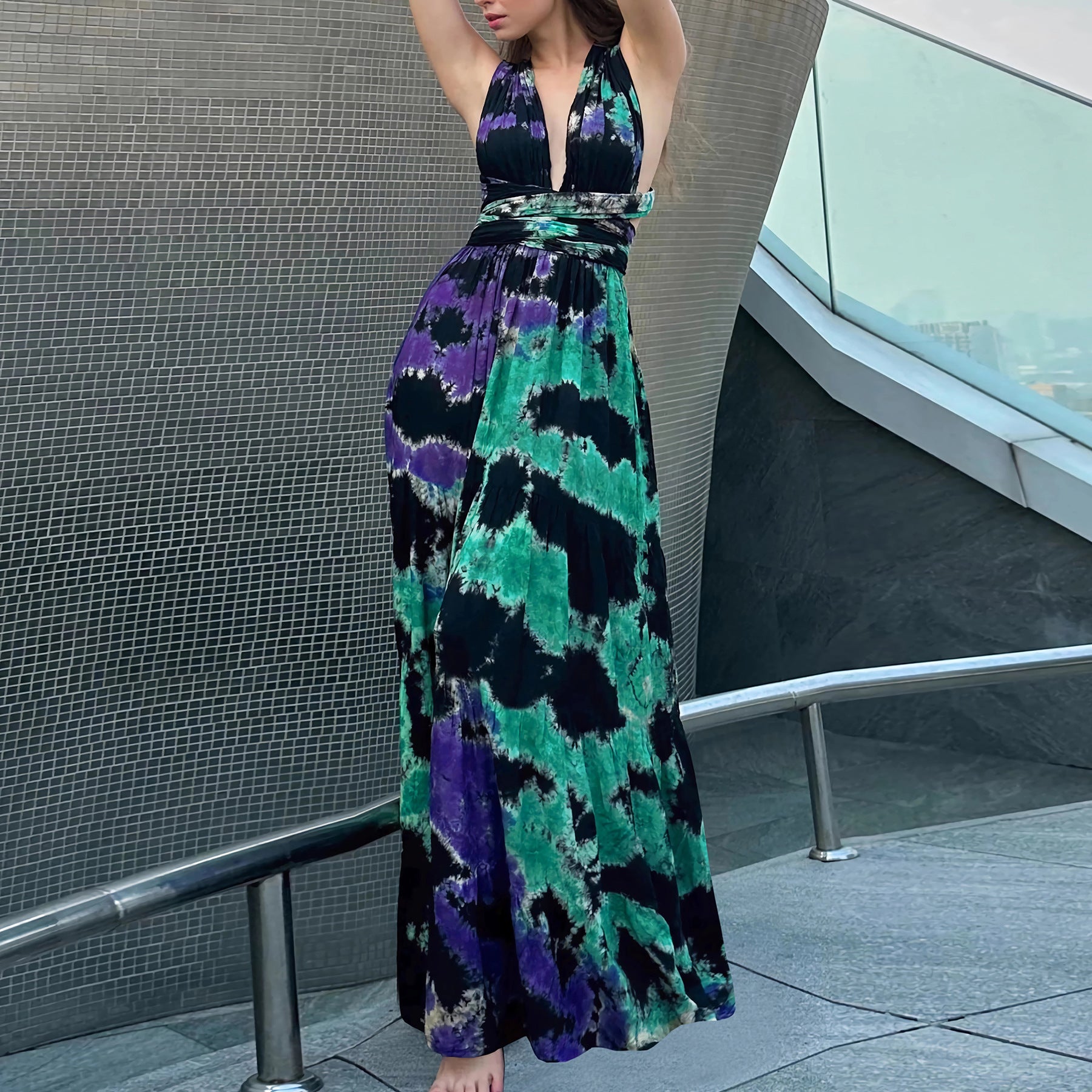 Women Summer Sleeveless Tie-Dye Halter Neck Casual Dress 4