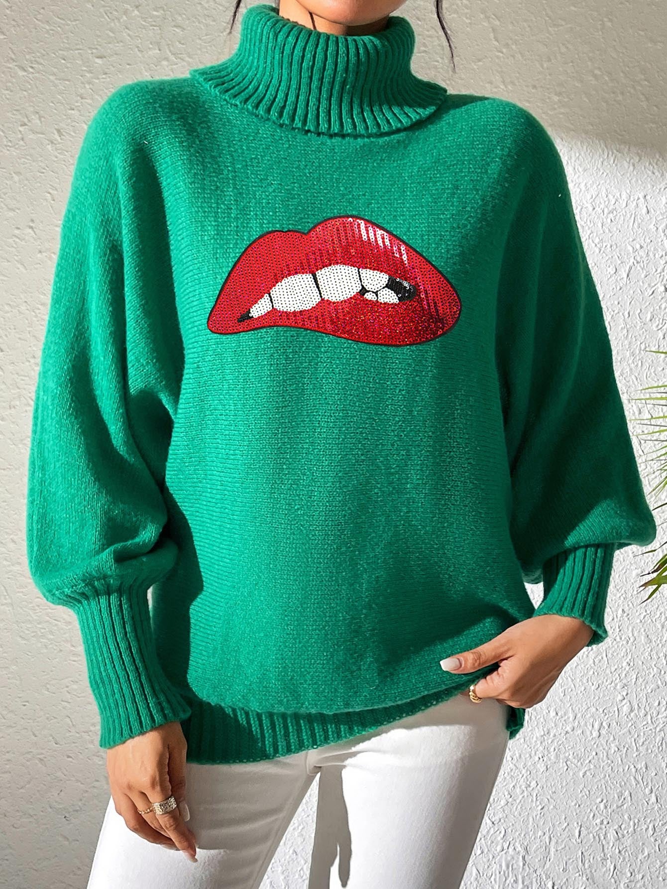 Autumn Winter Women's Sequin Lips Embroidery Turtleneck Pullover Sweater 17