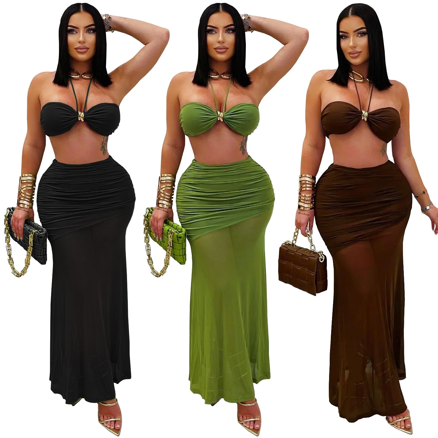 Sexy Strapless Ruched Mesh Mermaid Long Skirt Set 11