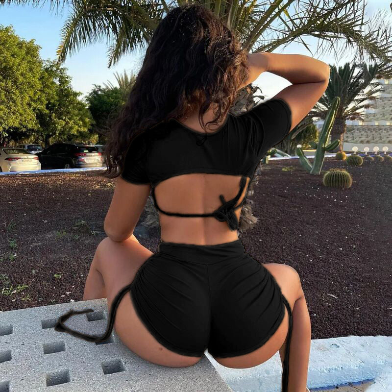 Women Round Neck Short Sleeve Top and Short Two-Piece Set