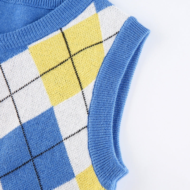 Women Solid Plaid Sleeveless V-Neck Sweater 53