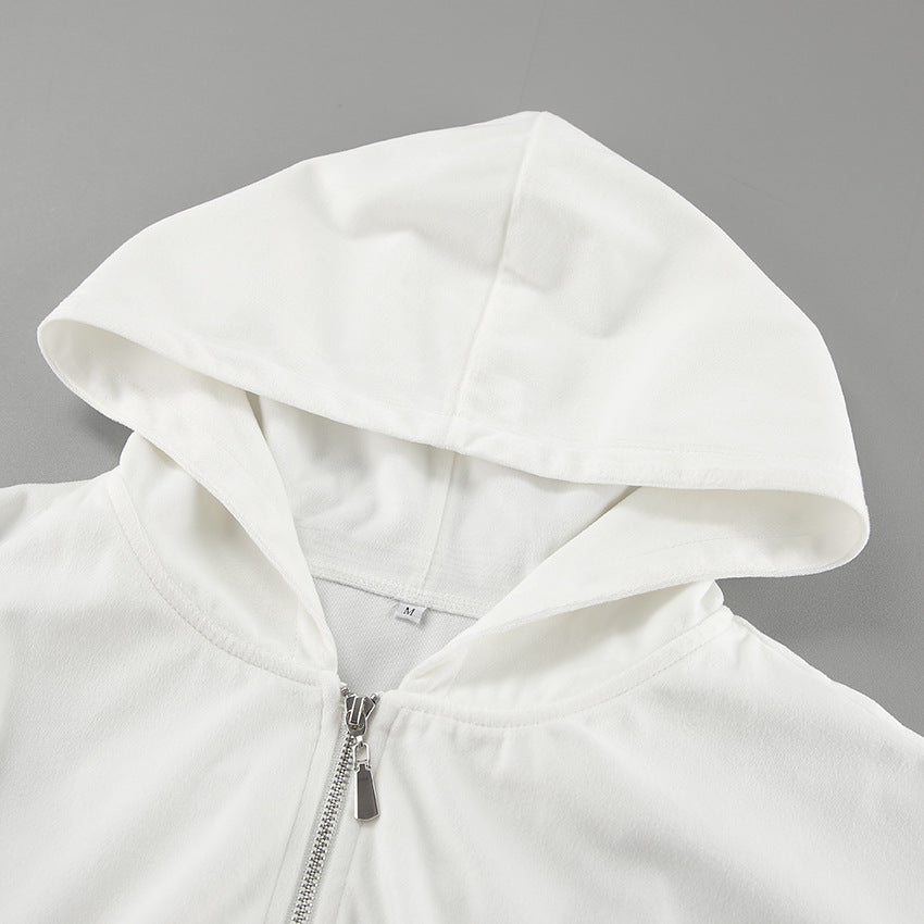 Women Autumn and Winter White Casual knitting velvet Hooded Long Sleeve Top and Pants Two Piece Set 9