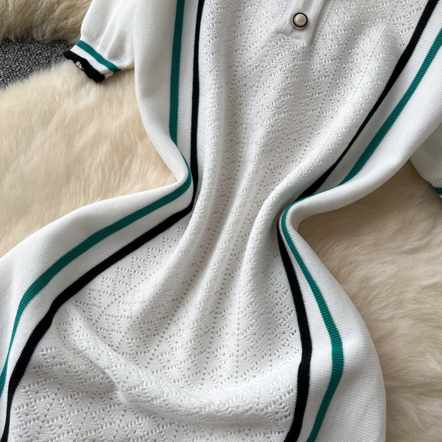 Women's Turndown Collar Contrast Slim Waist Slim Fit Ruffles Knitting Dress 11