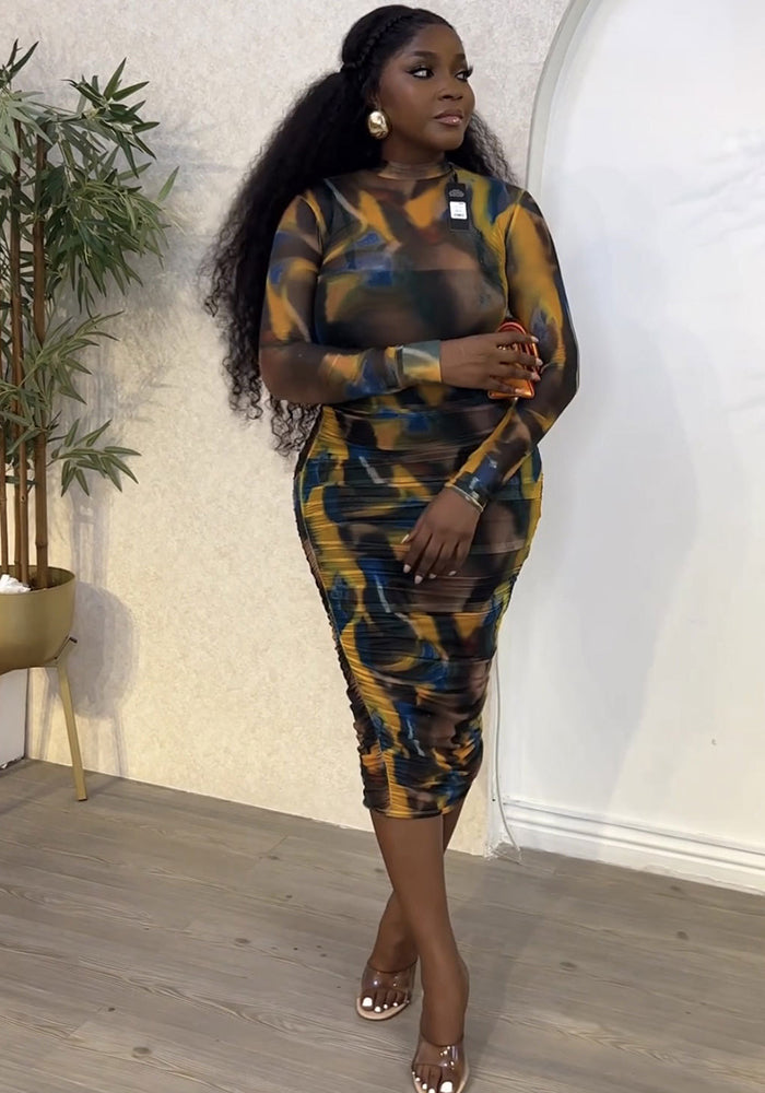 See-Through Mesh Sexy Round Neck Long-Sleeve Bodycon Dress