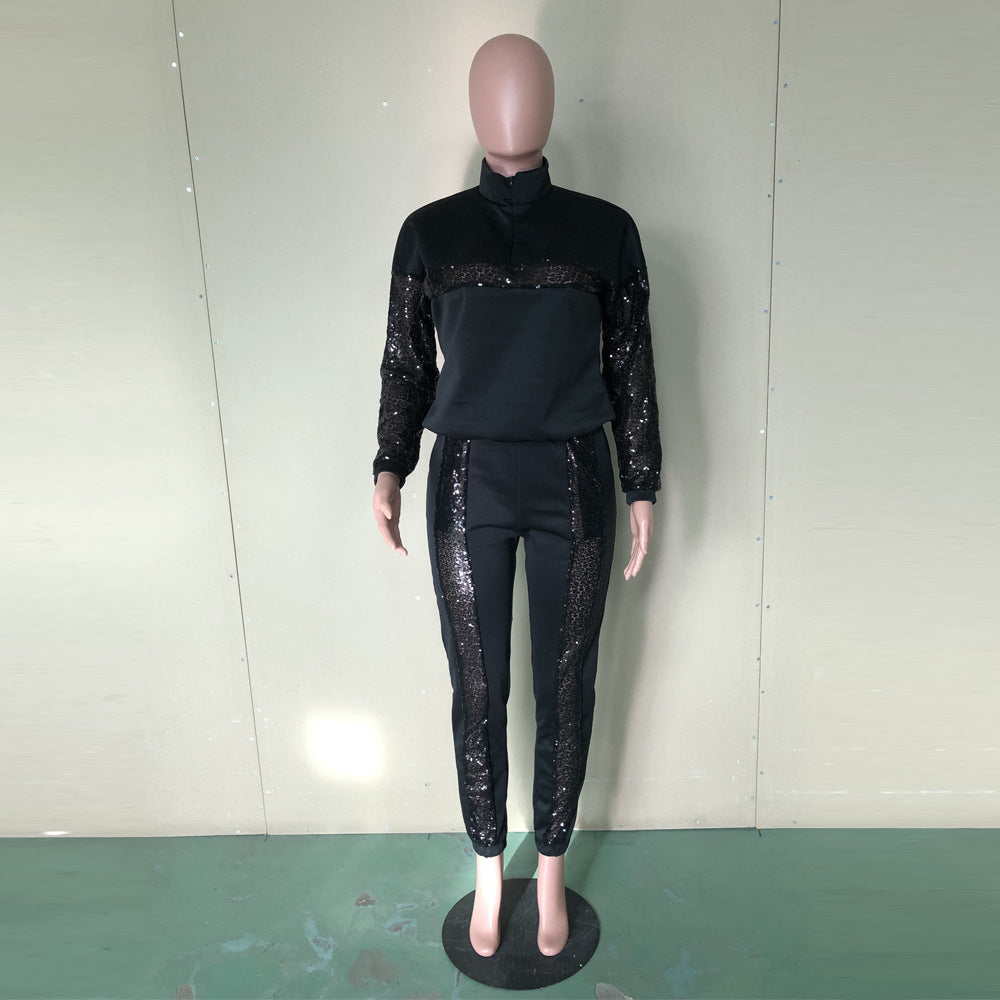 Women Sequin Colorblock Long Sleeve Top and Pant Two Piece Set 10