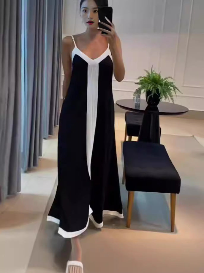 Women Elegant Contrast Color V Neck Strap Dress