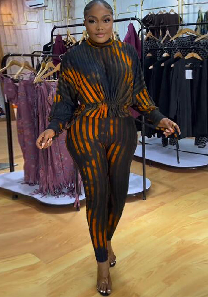 Sexy Striped Printed Drawstring Tight Fitting two piece pants Set