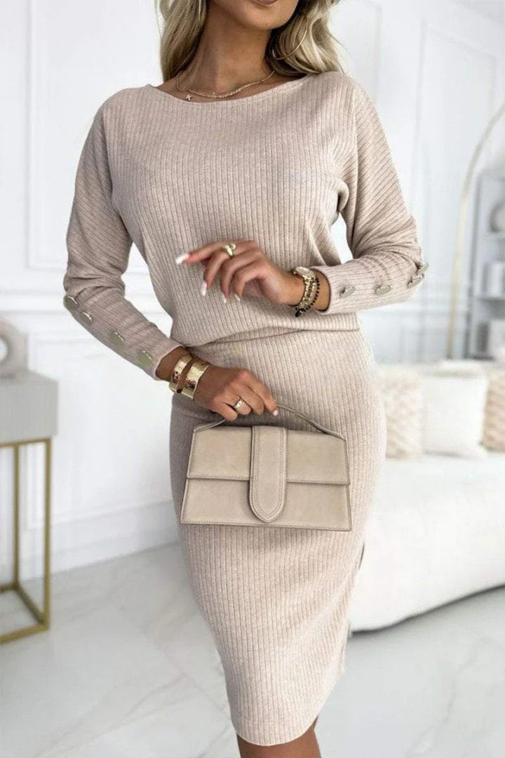 Women autumn and winter Round Neck Ribbed button Top and Skirt Two Piece Set 9