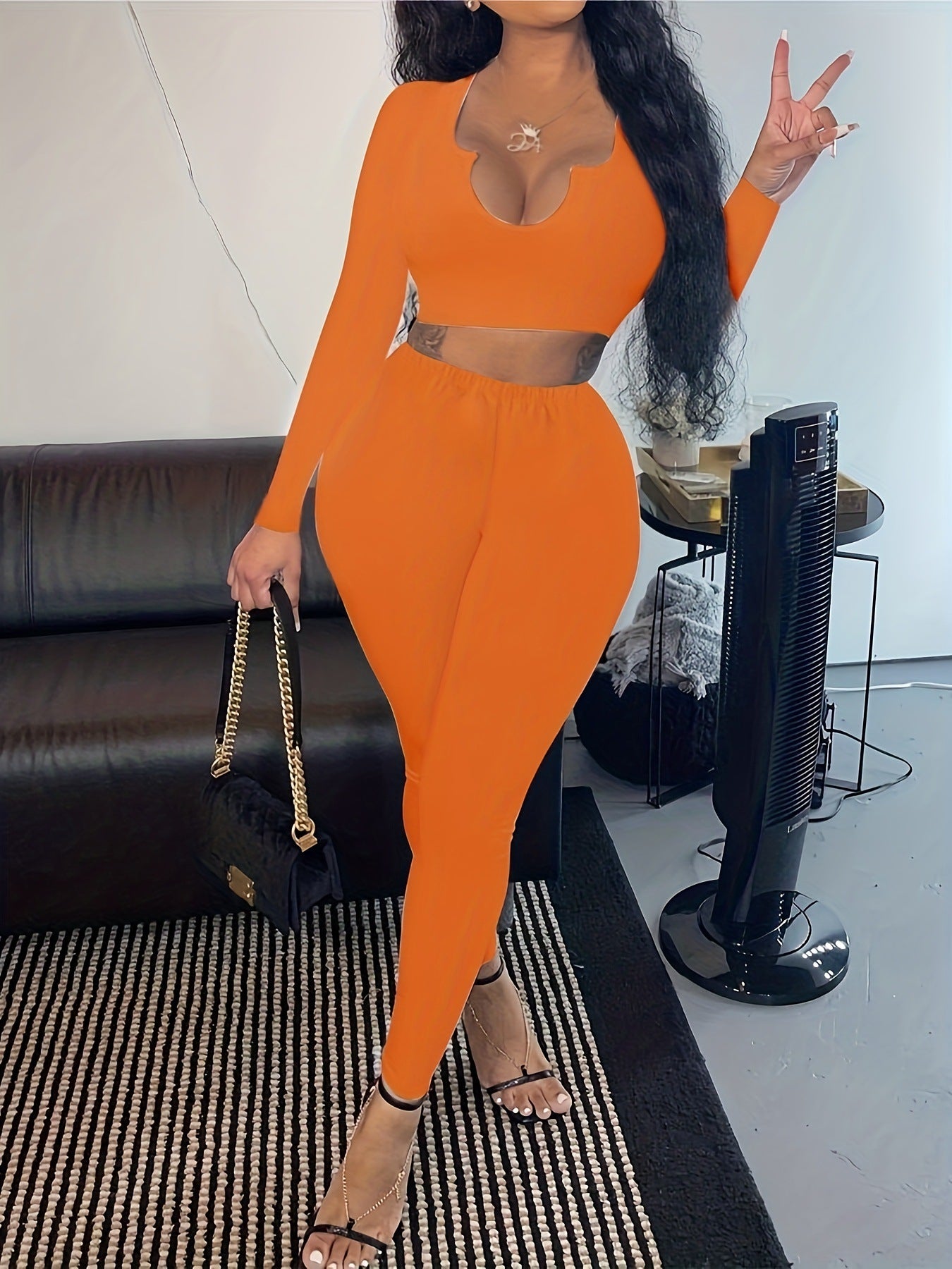 Women's Casual U-Neck Long Sleeve Two Piece Pants Set 4