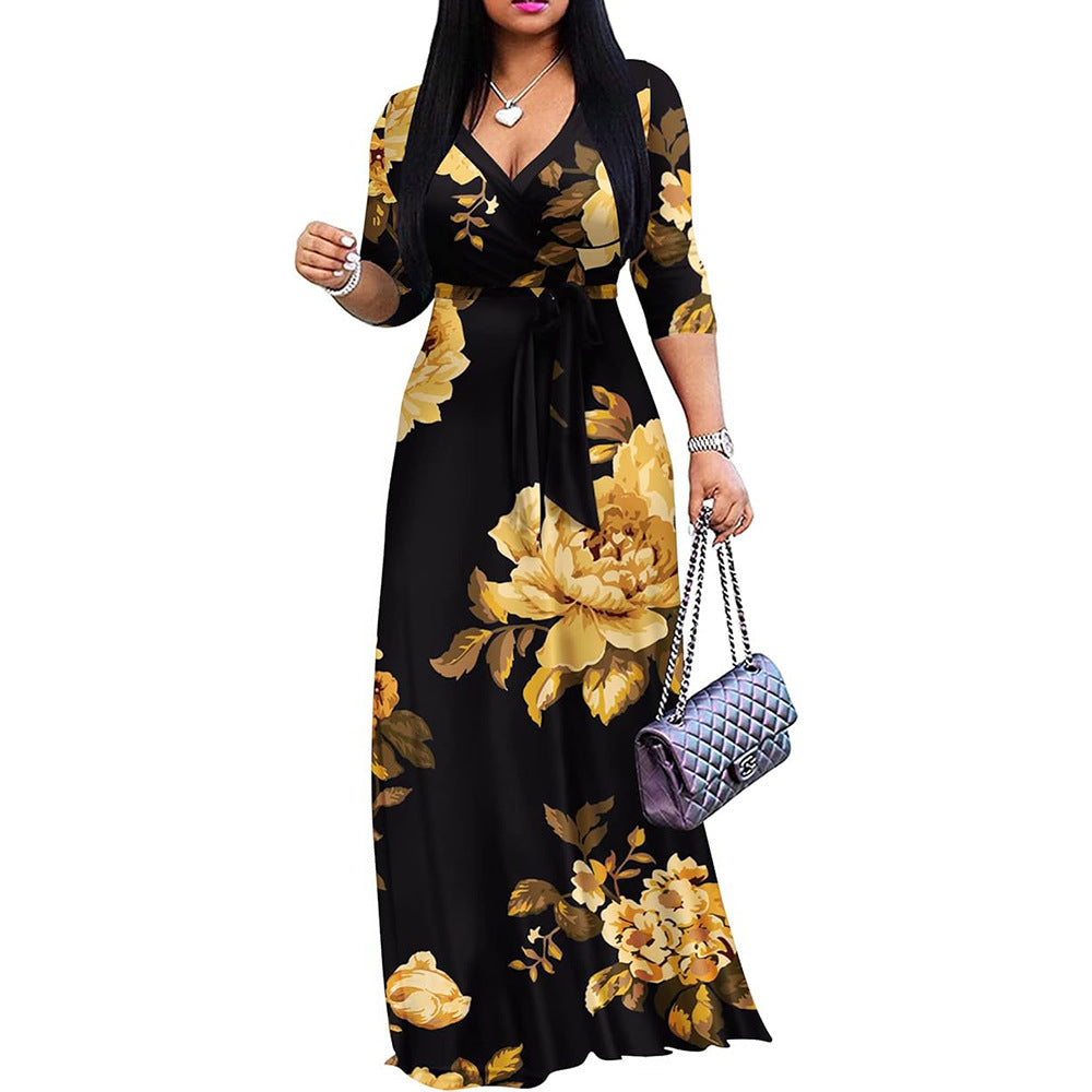 Women Casual Floral Printed V-Neck Half-Sleeve Maxi Dress 11