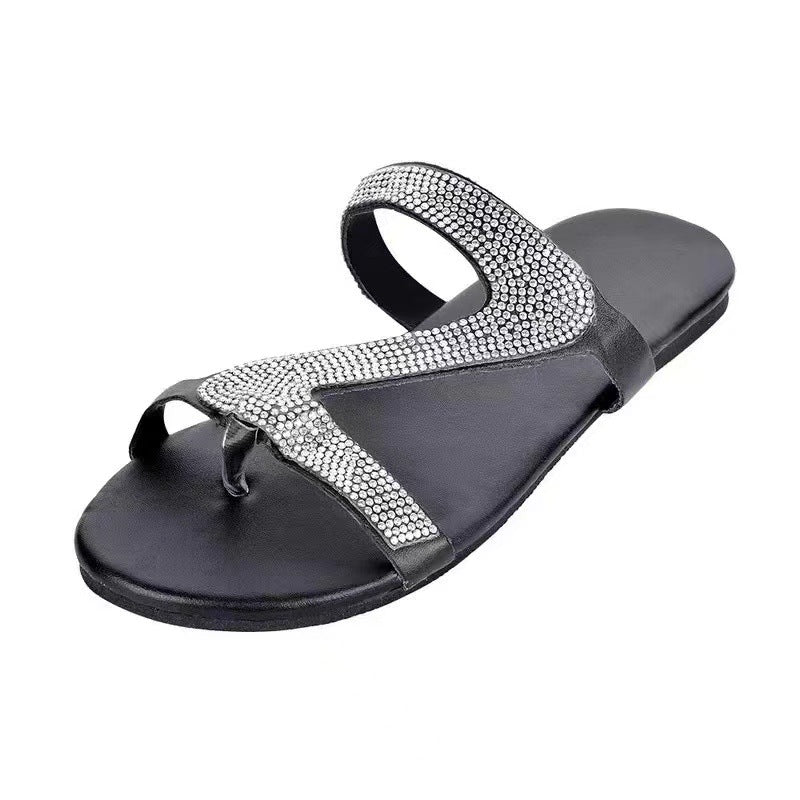 Plus Size Flat Sandal Flip flops Z-line Rhinestone Clip Toe Casual Outdoor Wear Beach Women's Shoe 14